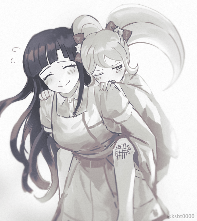 2girls apron bandages bandaid bandaid_on_knee bandaid_on_leg blush bow carrying cat_hair_ornament closed_eyes closed_mouth collared_shirt danganronpa_2:_goodbye_despair dress flying_sweatdrops hair_bow hair_ornament hajime_(gitoriokawaii) japanese_clothes kimono long_hair mole mole_under_eye monochrome multiple_girls one_eye_closed open_mouth piggyback puffy_short_sleeves puffy_sleeves saionji_hiyoko shirt short_sleeves skirt smile tsumiki_mikan twintails twitter_username