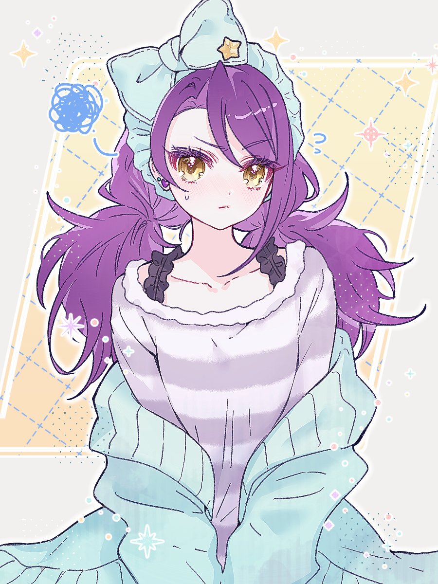 1girl blue_cardigan blue_hairband bow_hairband cardigan chuu0105 closed_mouth commentary_request cowboy_shot earrings flying_sweatdrops grey_sweater hairband heart heart_earrings highres jewelry korean_commentary long_hair long_sleeves looking_at_viewer low_twintails off_shoulder pretty_series pripara purple_hair solo squiggle star_(symbol) striped_clothes striped_sweater sweater toudou_shion twintails yellow_eyes