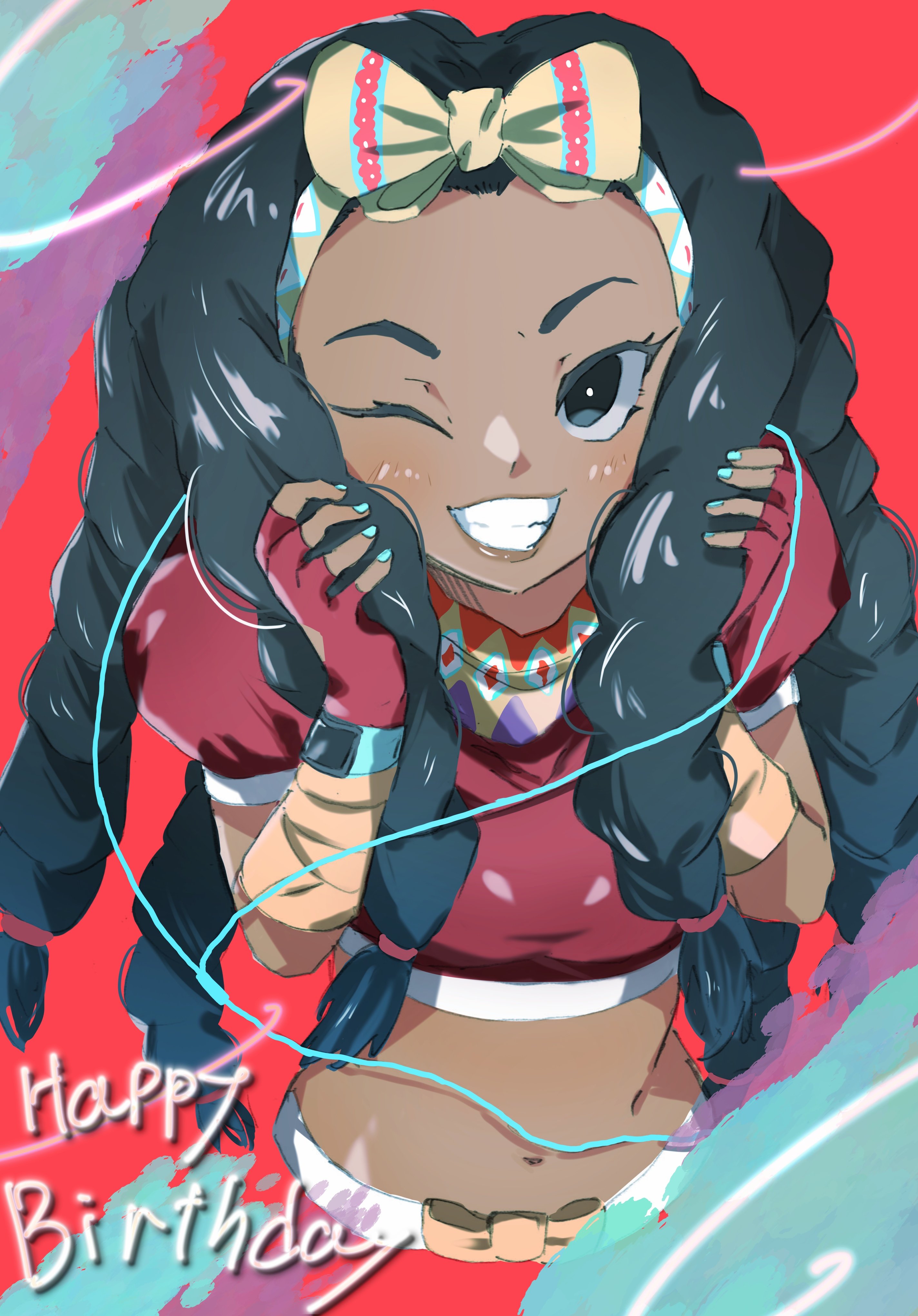 1girl absurdres bababaeki00 black_eyes black_hair bow dark-skinned_female dark_skin dreadlocks fingerless_gloves gloves grabbing_own_hair hair_bow happy_birthday highres kimberly_jackson long_hair looking_at_viewer one_eye_closed red_gloves red_shirt shirt smile street_fighter street_fighter_6