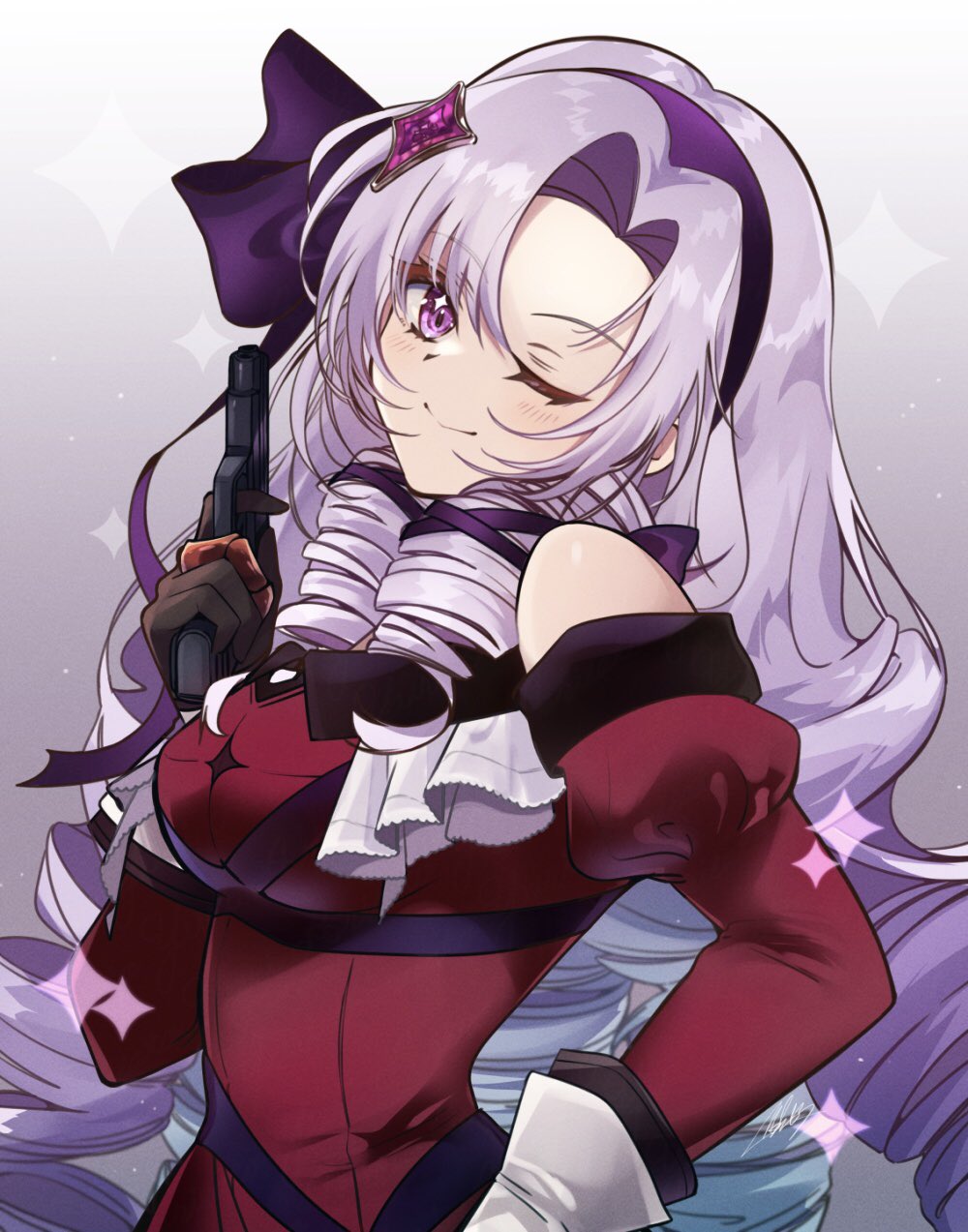 1girl bare_shoulders curly_hair gun hair_ornament head_tilt highres hyakumantenbara_salome looking_at_viewer mar0maru nijisanji one_eye_closed purple_eyes purple_hair smile solo virtual_youtuber weapon