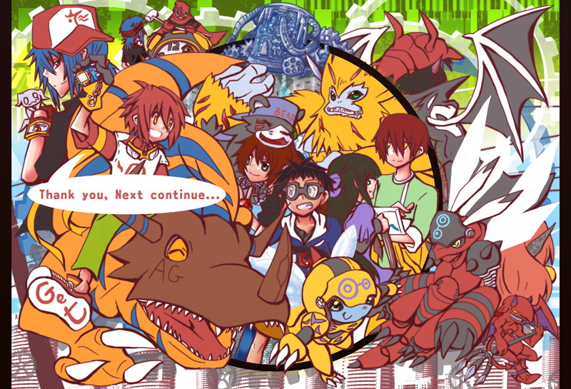 bearmon boogiemon clockmon digignome digimon digimon_(creature) flybeemon greymon honeybeemon looking_at_another mask oridigi sharp_teeth smile teeth wings