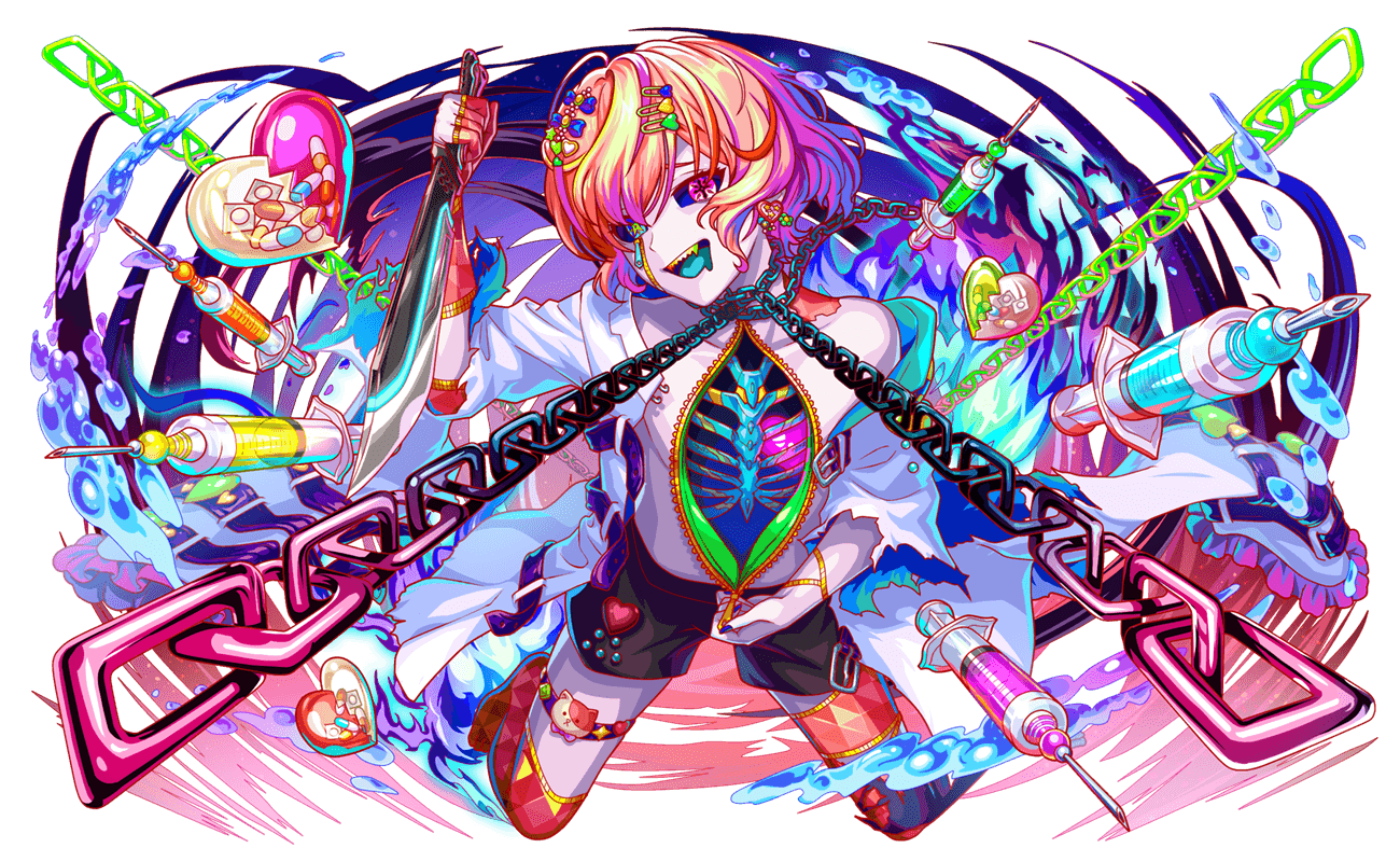 animal_ornament aqua_tongue artist_request asymmetrical_legwear belt belt_buckle belted_coat black_shirt black_thighhighs blue_bow blue_nails blue_sclera bone bow broken_heart buckle cat_ornament cel_shading chain chain_around_neck character_request coat collarbone colored_sclera colored_teeth crash_fever drooling earrings fingernails flower_earrings full_body game_cg gloves green_eyes green_teeth hair_bow hair_ornament hairclip heart heart_(organ) heart_earrings heart_hair_ornament heart_ornament heterochromia holding holding_knife jewelry knife lab_coat medicine mismatched_legwear mouth_drool multicolored_hair nail_polish no_shirt no_shoes number_print numbered official_art open_clothes open_coat orange_hair orange_teeth outline pale_skin partially_fingerless_gloves pill pink_eyes pink_hair purple_belt red_gloves red_outline red_teeth red_thighhighs ribs shirt short_hair single_bare_shoulder solo square square_print streaked_hair syringe tachi-e thigh_strap thighhighs third-party_source three-quarter_sleeves toes torn_clothes torn_coat torn_sleeves torn_thighhighs transparent_background two-sided_coat two-sided_fabric white_coat yellow_teeth zipper