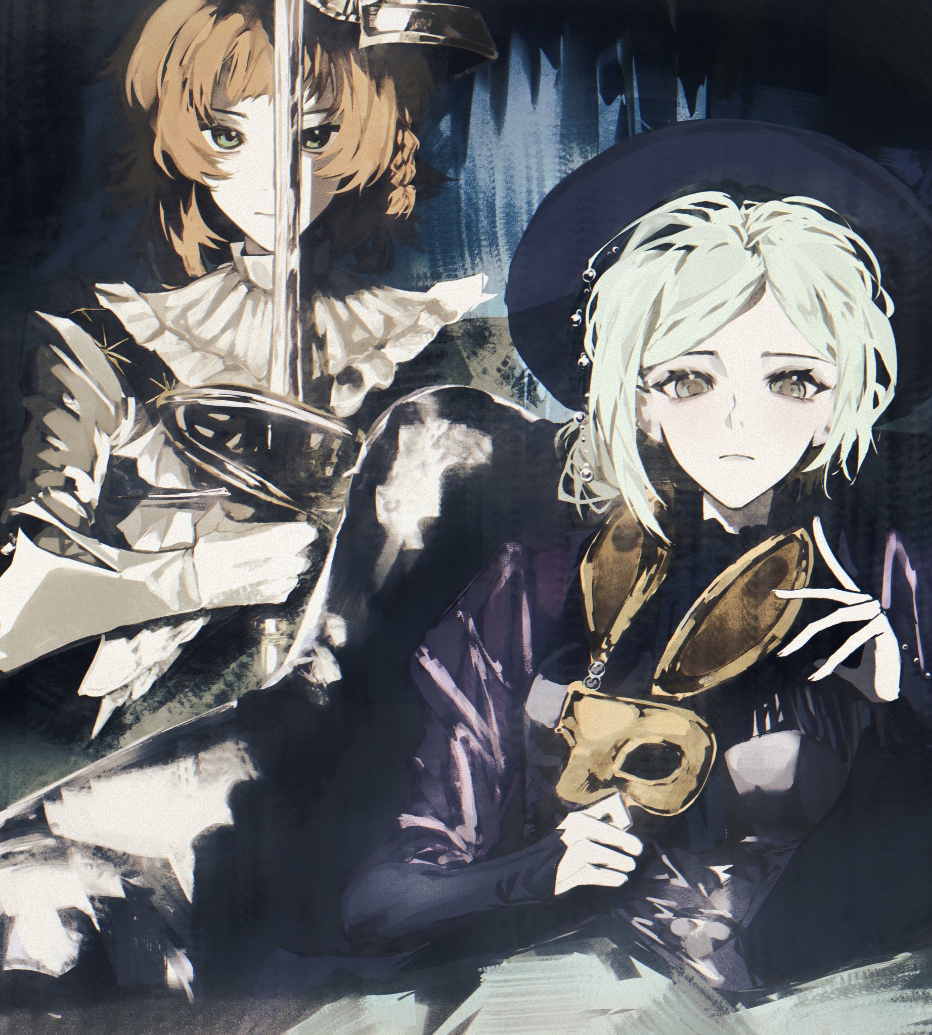 2girls black_dress black_hat closed_mouth dark_background dress eye_mask gloves green_eyes grey_eyes grey_hair hair_bun hand_up hat highres holding holding_mask holding_sword holding_weapon mask multiple_girls official_alternate_costume orange_hair rabbit_mask reverse:1999 single_side_bun sonetto_(reverse:1999) sword unworn_mask vertin_(reverse:1999) weapon white_dress white_gloves wilson_(wilson1151487)