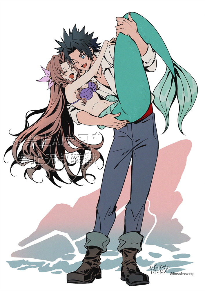 1boy 1girl aerith_gainsborough ariel_(disney) ariel_(disney)_(cosplay) bare_arms bikini black_hair blue_pants brown_hair carrying closed_eyes cosplay couple crisis_core_final_fantasy_vii disney eric_(disney) eric_(disney)_(cosplay) final_fantasy final_fantasy_vii flower full_body hair_flower hair_ornament happy huosheanng long_hair looking_at_another mermaid monster_girl navel one_eye_closed open_mouth pants parted_bangs pink_flower princess_carry shell shell_bikini shirt smile spiked_hair standing stomach the_little_mermaid_(disney) twitter_username white_shirt zack_fair