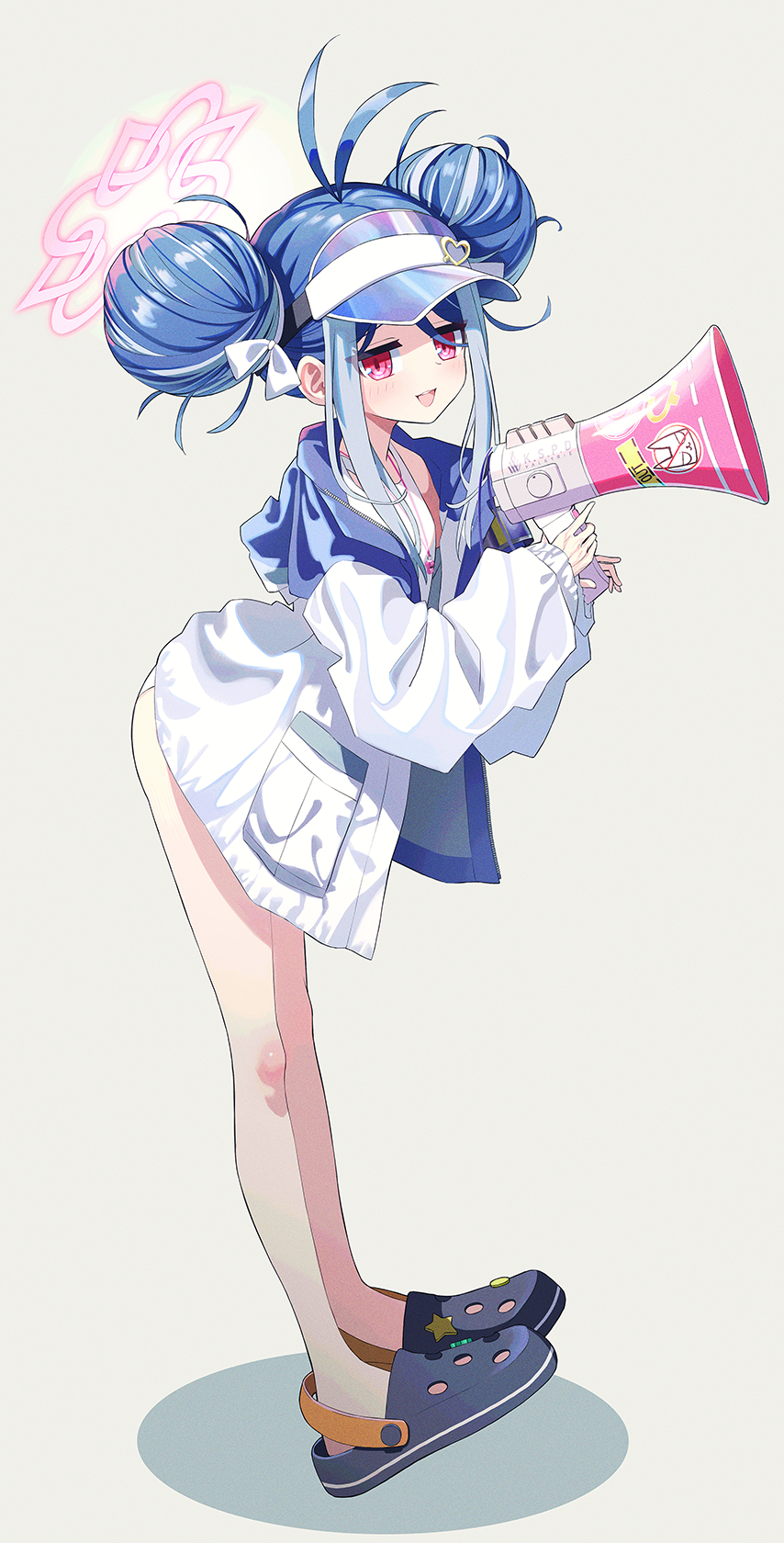 1girl antenna_hair black_footwear blue_archive blue_hair blush crocs double_bun fubuki_(blue_archive) fubuki_(swimsuit)_(blue_archive) full_body grey_background hair_bun halo highres holding holding_megaphone jacket long_sleeves megaphone miyoshi_nao_(miyoshist) multicolored_hair official_alternate_costume one-piece_swimsuit open_mouth pink_halo red_eyes school_swimsuit short_hair simple_background solo swimsuit whistle whistle_around_neck white_jacket white_one-piece_swimsuit