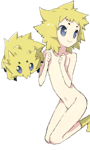 1other blonde_hair clenched_hands closed_mouth collarbone commentary_request creature_and_personification gen_5_pokemon grey_eyes hands_up joltik looking_back medium_hair nakamura_sandayo navel nintendo nude personification pokemon simple_background smile socks white_background yellow_legwear