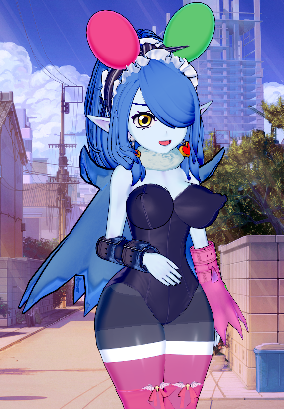 1girl 3d appmon blue_hair chameleon cloud digimon dress female_focus long_hair mienumon nail_polish one_eye_covered puppet sky solo tiara yellow_eyes