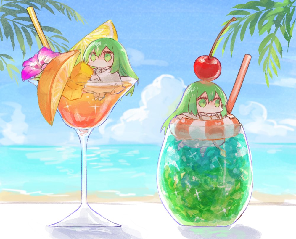 2others cherry chibi cloud cocktail_glass commentary_request cup drinking_glass drinking_straw enkidu_(fate) fate/strange_fake fate_(series) flower food fruit glass green_eyes green_hair himeko_(nico6v6pachi) ice ice_cube lemon lemon_slice multiple_others ocean orange_(fruit) orange_slice other_focus shore