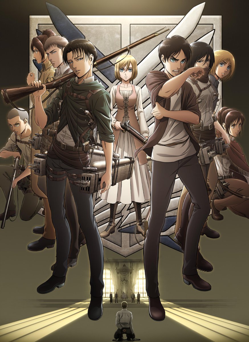 6+boys alternate_weapon armin_arlert biting_own_hand black_hair blonde_hair brown_hair connie_springer emblem_background eren_yeager erwin_smith facing_away fighting_stance gun hange_zoe highres jean_kirstein krista_lenz levi_(shingeki_no_kyojin) mikasa_ackerman multiple_boys official_art over_shoulder pants promotional_art rifle sasha_blouse serious shingeki_no_kyojin squatting standing straight-on sunlight survey_corps_(emblem) textless_version three-dimensional_maneuver_gear trial weapon weapon_over_shoulder window_shadow