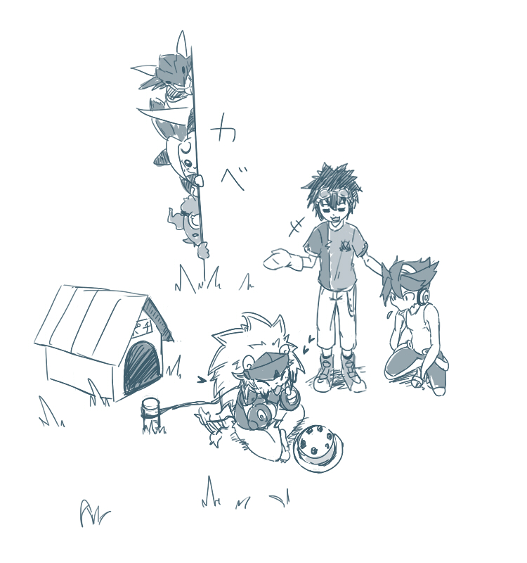 armor cake coronamon digimon digimon_xros_wars food grass horns kudou_taiki looking_at_another lunamon shoutmon spadamon ulforcev-dramon