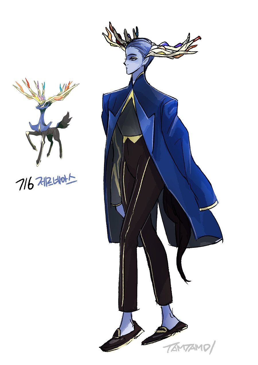 ambiguous_gender artist_name blue_eyes blue_skin cape colored_skin game_freak gen_6_pokemon highres horns legendary_pokemon long_hair nintendo pants pokemon shirt shoes signature simple_background tamtamdi white_background xerneas