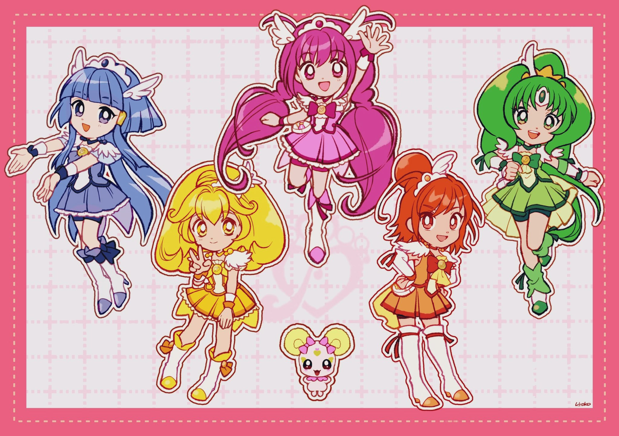 5girls anklet aoki_reika arm_up ascot bag_bow blonde_hair blue_bow blue_bowtie blue_choker blue_eyes blue_hair blue_shirt blue_shorts blue_skirt blue_wrist_cuffs blunt_bangs boots border bow bowtie bright_pupils brooch candy_(smile_precure!) choker circlet clenched_hand clenched_hands closed_mouth coattails cosmetics cure_beauty cure_happy cure_march cure_peace cure_sunny deformed dot_nose dotted_line eyelashes feather-trimmed_sleeves feather_sleeves footwear_bow footwear_ribbon frilled_skirt frilled_sleeves frills full_body gold_tiara green_ascot green_bow green_bowtie green_choker green_eyes green_hair green_ribbon green_shirt green_shorts green_skirt green_wrist_cuffs grey_background grid_background hair_between_eyes hair_bun hair_ornament hair_tubes hands_on_own_hips happy high_heel_boots high_heels high_ponytail highres hino_akane_(smile_precure!) hoshizora_miyuki jewelry kise_yayoi knee_boots leg_up long_hair long_sidelocks looking_at_viewer low_twintails magical_girl medium_hair midorikawa_nao mini_tiara miniskirt multiple_girls open_mouth orange_bow orange_hair orange_skirt orange_wrist_cuffs outline outside_border outstretched_arms pink_border pink_bow pink_bowtie pink_eyes pink_hair pink_ribbon pink_shirt pink_shorts pink_skirt pink_wrist_cuffs pleated_skirt ponytail precure red_bow red_bowtie red_choker red_eyes red_ribbon red_shorts ribbon ribbon_legwear shirt short_sleeves shorts shorts_under_skirt sidelocks signature single_hair_bun single_stripe skirt skirt_set smile smile_precure! standing striped_bow tareme teeth thigh_boots tiara train_(clothing) twintails twintails_with_hair_base upper_teeth_only uwded_207 v very_long_hair waist_bag white_arm_warmers white_bag white_boots white_outline white_pupils white_sleeves wing_hair_ornament wrist_cuffs yellow_ascot yellow_choker yellow_eyes yellow_shirt yellow_skirt