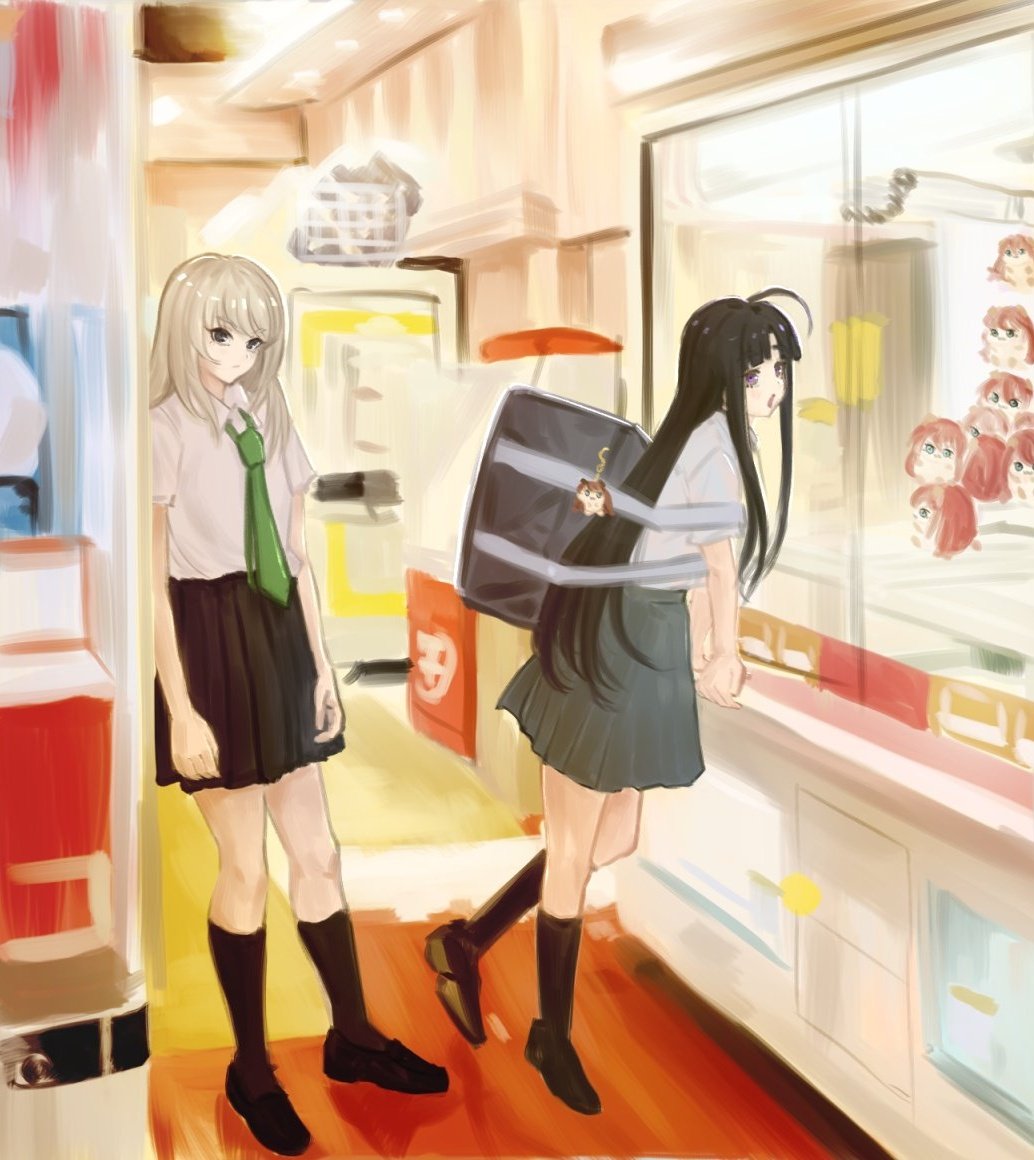 2girls ahoge arm_support awa_subaru bag_charm black_footwear black_hair black_skirt black_socks charm_(object) collared_shirt commentary_request crane_game girls_band_cry green_necktie grey_bag grey_eyes grey_hair grey_skirt indoors iseri_nina kawaragi_momoka kneehighs loafers long_hair looking_at_viewer multicolored_hair multiple_girls necktie open_mouth parted_bangs photo-referenced pleated_skirt purple_eyes roots_(hair) school_uniform shirt shirt_tucked_in shoes short_sleeves sidelocks skirt socks tomare_(akashingou) white_shirt