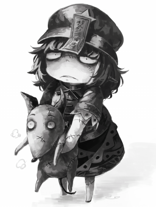 1girl dog frankenweenie hat koto_inari miyako_yoshika monochrome ofuda sparky_(frankenweenie) stitches touhou