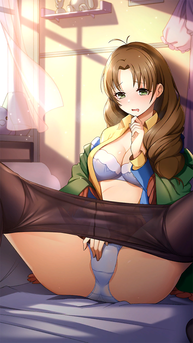 1girl antenna_hair black_pantyhose blue_bra blue_jacket blue_panties bra breasts brown_hair cleavage clothes_pull collared_shirt curtains doukyuusei_(series) doukyuusei_2 doukyuusei_another_world dress_shirt female_masturbation game_cg green_eyes indoors jacket large_breasts long_hair long_sleeves masturbation masturbation_through_clothes official_art open_clothes open_mouth open_shirt open_window panties pantyhose pantyhose_pull shirt sitting solo sugimoto_sakurako through_clothes underwear very_long_hair window wing_collar yellow_shirt