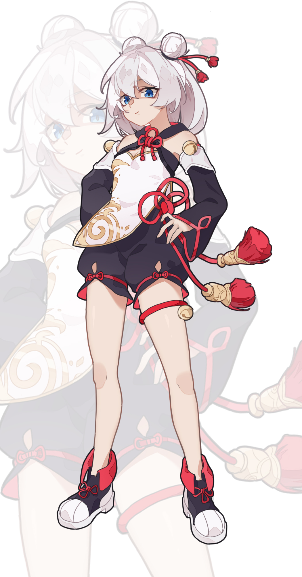 1girl bare_shoulders bell black_shoes black_sleeves blue_eyes breasts cleavage cleavage_cutout closed_mouth clothing_cutout commentary_request detached_sleeves double_bun grey_hair hair_between_eyes hair_bun hands_on_own_hips highres honkai_(series) honkai_impact_3rd jingle_bell long_sleeves looking_at_viewer mi_si_lei_da_ke shoes simple_background sleeves_past_wrists small_breasts solo theresa_apocalypse theresa_apocalypse_(sugar_haw_child) theresa_apocalypse_(valkyrie_pledge) white_background wide_sleeves zoom_layer