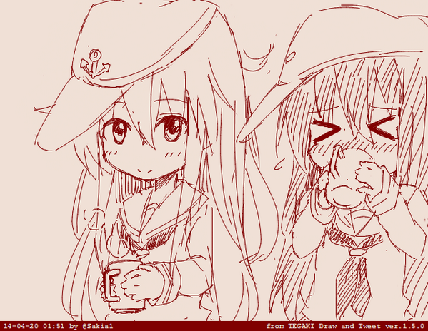 &gt;_&lt; 10s 2girls akatsuki_(kancolle) blush coffee dated closed_eyes hat hibiki_(kancolle) kantai_collection monochrome multiple_girls personification red_theme school_uniform serafuku silent_sakia smile tegaki