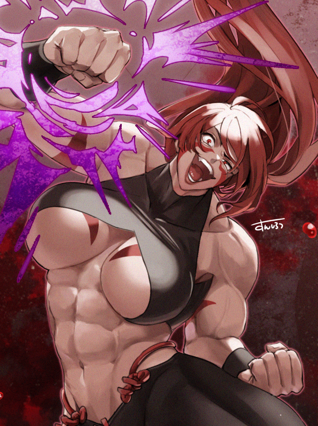 1girl abs biceps body_markings breast_tattoo breasts close-up excited facepaint facial_mark fuuma_kotarou_(tenkaichi) halterneck long_hair muscular muscular_female open_mouth pants punching red_eyes red_hair revealing_clothes rope_belt signature smile sunsirou tattoo tenkaichi_nihon_saikyou_bugeisha_ketteisen tongue underboob veins