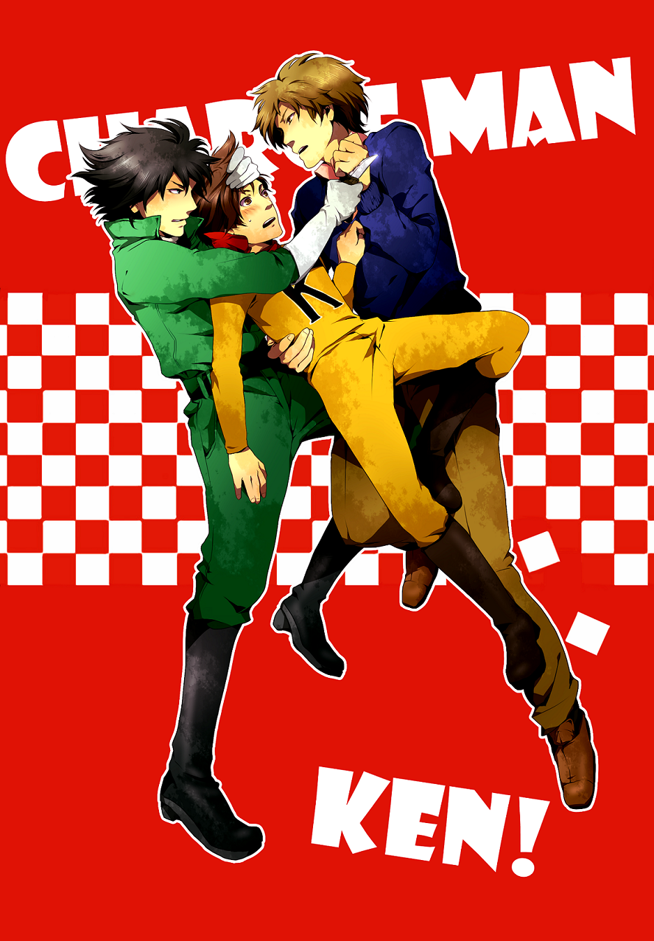 3boys belt black_footwear black_hair blue_sweater blush bodysuit brown_eyes brown_footwear brown_hair brown_pants chargeman_ken! delinquent_(chargemen_ken!) gloves green_jacket green_pants highres holding holding_knife hoshi-kun izumi_ken jacket knife light_brown_hair multiple_boys open_mouth otani_(gloria) pants pink_shirt red_background red_scarf scarf shirt simple_background sweater teeth upper_teeth_only white_gloves yaoi yellow_bodysuit