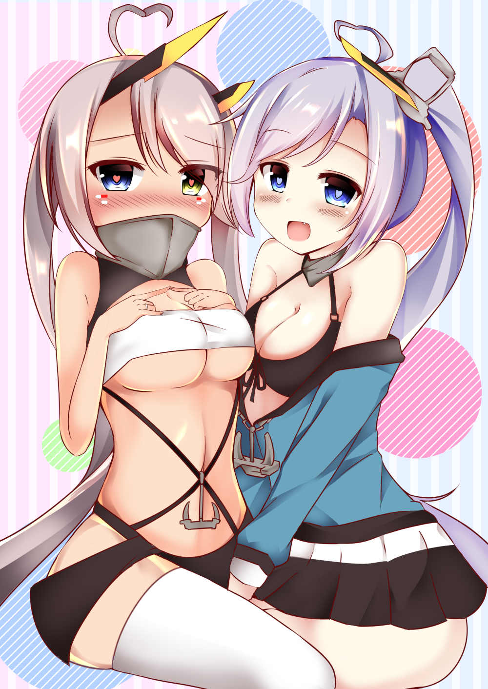 2girls ahoge azur_lane bandeau bikini bikini_top_only black_bikini black_sailor_collar black_skirt blue_eyes blue_shirt blush breasts cleavage commentary_request covered_mouth dark-skinned_female dark_skin eyes_visible_through_hair facepaint fang feet_out_of_frame heart heart-shaped_pupils heart_ahoge heterochromia highres index_fingers_together indianapolis_(azur_lane) large_breasts long_hair looking_at_viewer miniskirt multiple_girls off_shoulder open_mouth pink_hair pleated_skirt portland_(azur_lane) purple_hair sailor_collar shirt siblings side_ponytail sisters skirt smile swimsuit symbol-shaped_pupils thighhighs turtleneck twintails underboob very_long_hair white_bandeau white_thighhighs yellow_eyes zatu