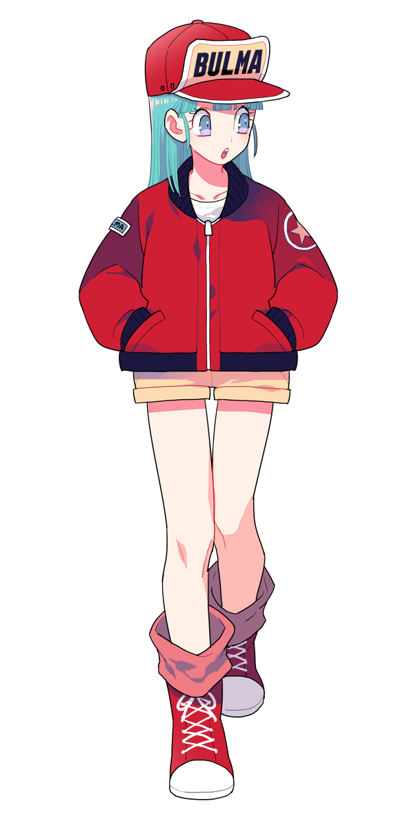 1girl aqua_hair boots bulma dragon_ball female_focus full_body gum_(gmng) hands_in_pockets hat jacket lace-up_boots long_hair name_tag open_mouth purple_eyes shoes shorts simple_background sneakers solo white_background
