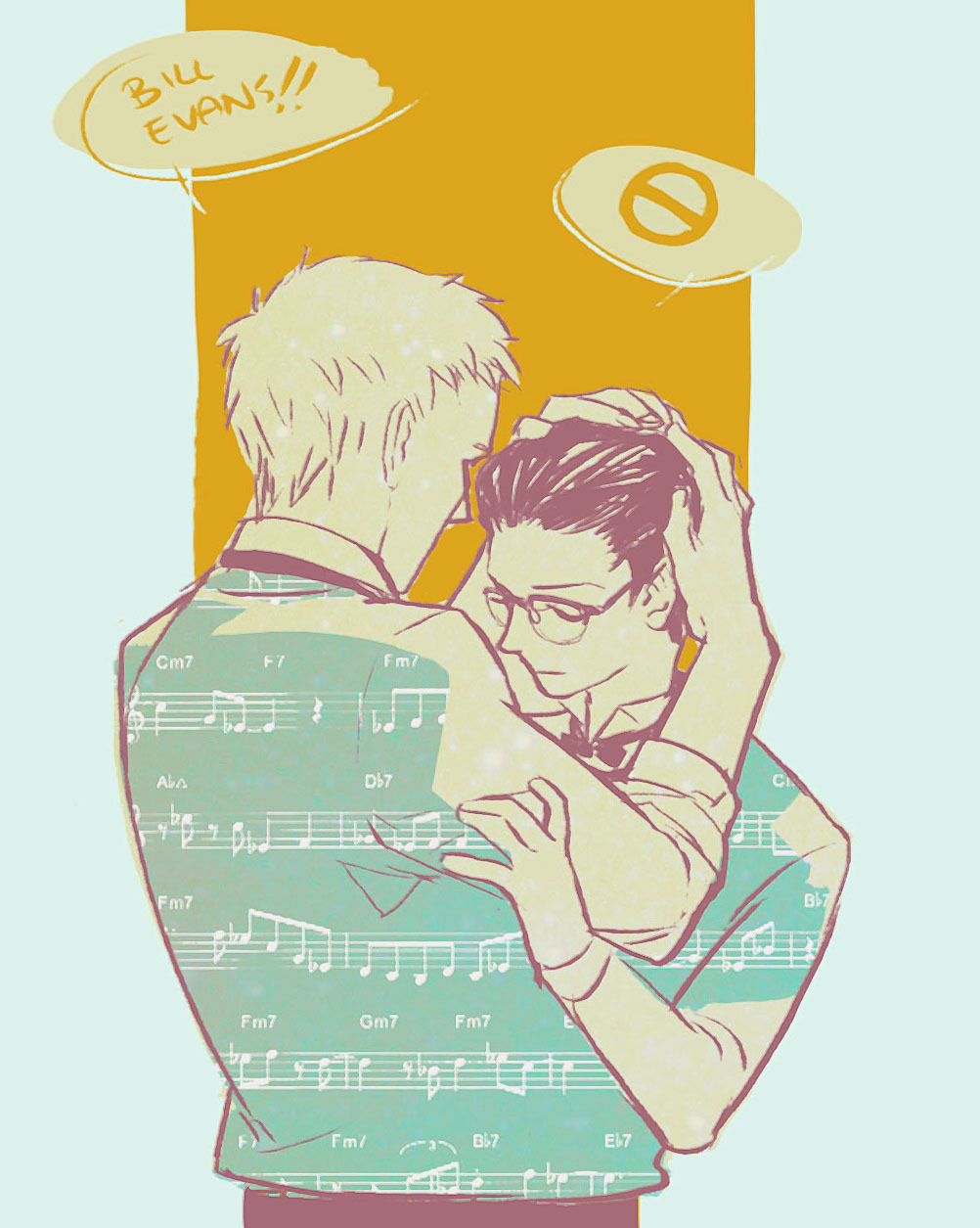 2boys back bad_id bad_tumblr_id bow bowtie closed_eyes closed_mouth couple ddjinn dress_shirt english_text glasses hair_slicked_back hand_on_another&#039;s_arm hands_in_hair hands_on_another&#039;s_head highres kawabuchi_sentarou limited_palette male_focus multiple_boys musical_note nishimi_kaoru sakamichi_no_apollon shirt speech_bubble upper_body yaoi