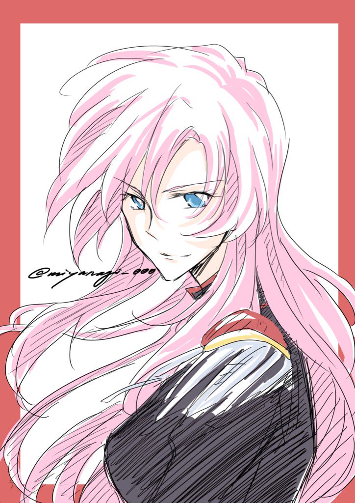 1girl armpits artist_name bad_link blue_eyes breasts long_hair medium_breasts miyanagi_000 pink_hair shoujo_kakumei_utena solo tenjou_utena twitter_username