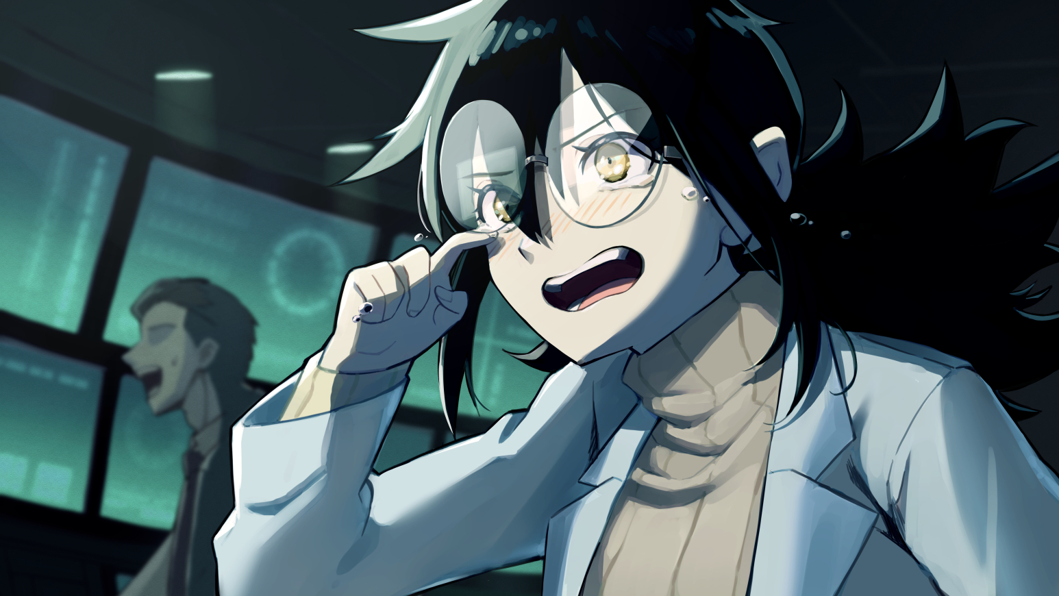 nonono (1399900), okonogi konomi, kaijuu no. 8, 1boy, 1girl, black hair,  blush, coat, glasses, indoors, long hair, long sleeves, open mouth, screen,  solo focus, sweater, tears, upper body, white coat, yellow eyes,
