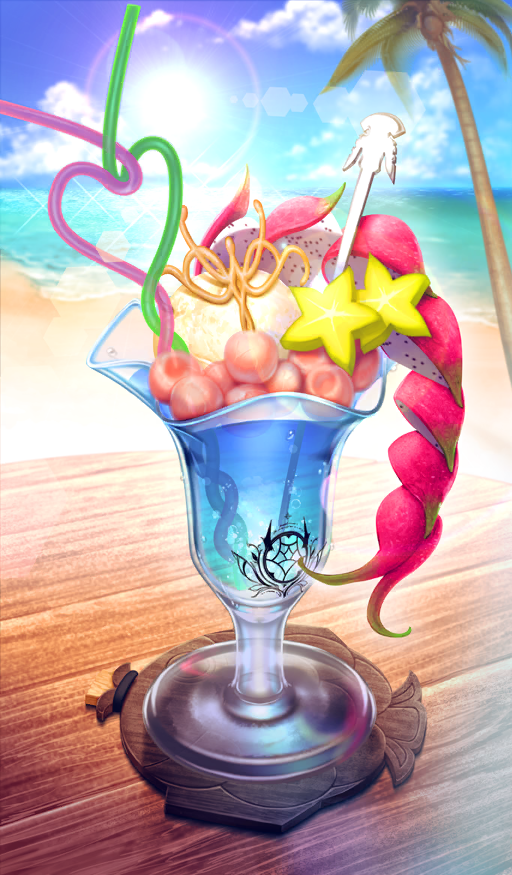 air_bubble beach blue_sky bubble chocolate_river_no_sono_saki_ni cloud coaster commentary_request condensation crazy_straw cup day drink drinking_glass drinking_straw fate/grand_order fate_(series) food_focus food_request garnish hayosena heart_straw lens_flare no_humans non-circular_lens_flare ocean official_art palm_tree sand sky star_(symbol) still_life sun sunlight third-party_source tree