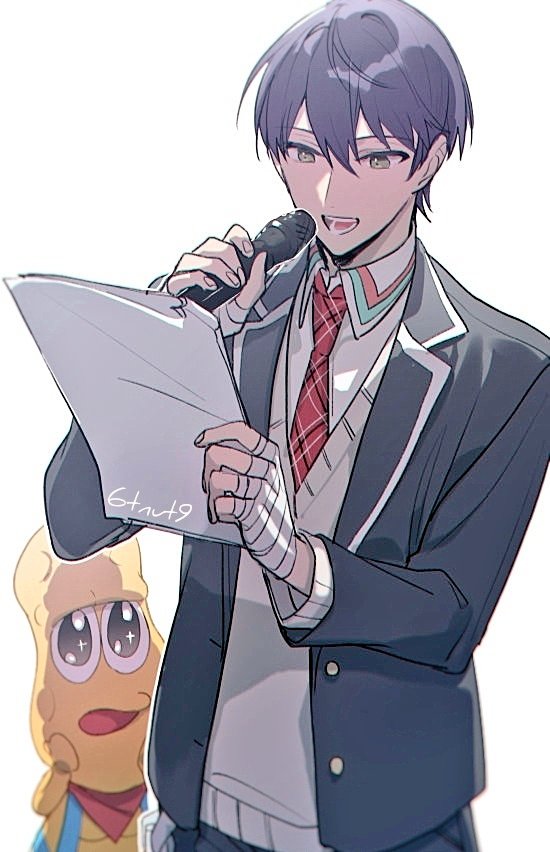 2boys 6tnut9 :d artist_name bandaged_hand bandages bandana bandana_around_neck black_jacket blazer buttons collared_shirt green_eyes grey_sweater hair_between_eyes hands_up holding holding_microphone holding_paper jacket kenmochi_touya kenmochi_touya_(1st_costume) lapels long_sleeves male_focus microphone mode_aim multiple_boys necktie nijisanji open_clothes open_jacket open_mouth paper peanuts-kun plaid_clothes plaid_necktie purple_hair red_bandana red_necktie school_uniform shirt short_hair simple_background smile standing sweater teeth virtual_youtuber white_background white_shirt wing_collar