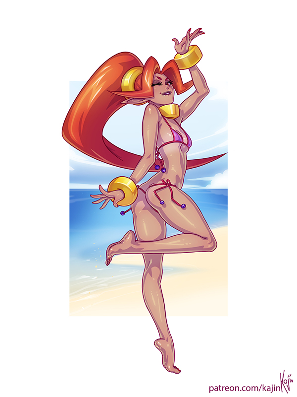 1girl ass bare_shoulders beach bikini bracelet breasts dark-skinned_female dark_skin din female_focus from_behind full_body jewelry kajin_(kajinman) lips long_hair nail_polish neck_ring nintendo ocean one_eye_closed orange_hair pink_bikini pointy_ears side-tie_bikini_bottom small_breasts solo standing standing_on_one_leg swimsuit the_legend_of_zelda the_legend_of_zelda:_oracle_of_ages the_legend_of_zelda:_oracle_of_seasons thong_bikini very_long_hair