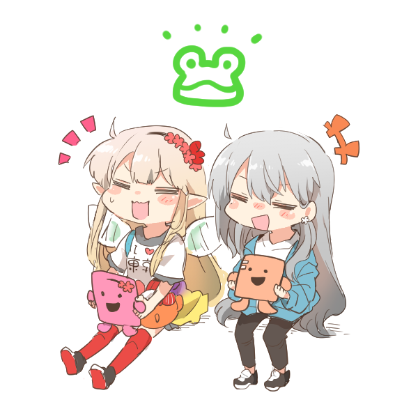 +++ 2girls black_footwear black_hairband black_pants blue_jacket elf elu_(nijisanji) fairy_wings green_wings hairband higuchi_kaede holding i_heart... jacket multiple_girls nijisanji open_clothes open_jacket pants pointy_ears rebecca_(keinelove) red_thighhighs shadow shirt shoes short_sleeves simple_background sitting thighhighs virtual_youtuber white_background white_shirt wings