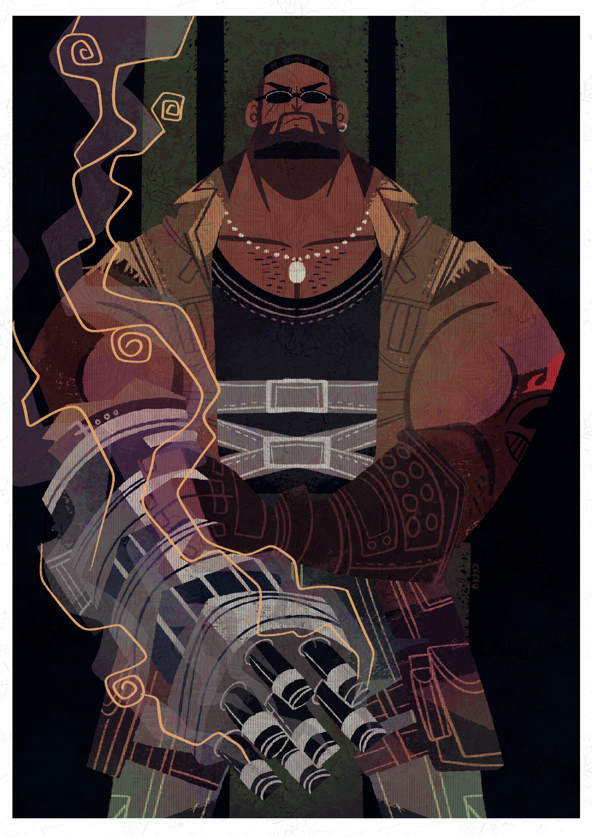 1boy absurdres arm_cannon arm_tattoo bad_link barret_wallace beard belt black_hair brown_vest chest_hair dog_tags earrings facial_hair final_fantasy final_fantasy_vii final_fantasy_vii_remake fingerless_gloves gatling_gun gloves highres jewelry karumen_art looking_at_viewer multiple_belts scar scar_on_face single_earring solo sunglasses tattoo torn_clothes torn_sleeves vest weapon
