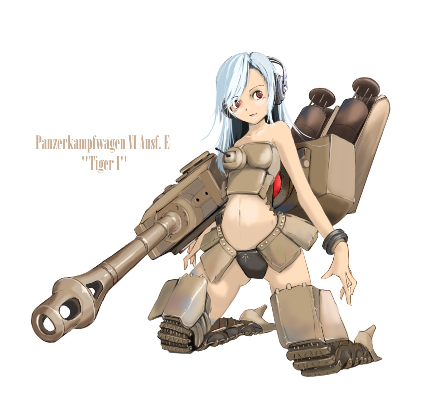 1girl bare_shoulders blue_hair bracelet cannon caterpillar_tracks character_name female_focus gun headset high_heels jewelry kneeling long_hair machine_gun mecha_musume mg_42 military military_vehicle motor_vehicle nano_(nanosize) navel original parted_lips personification red_eyes ringed_eyes simple_background smile solo tank tiger_i vehicle weapon wehrmacht world_war_ii