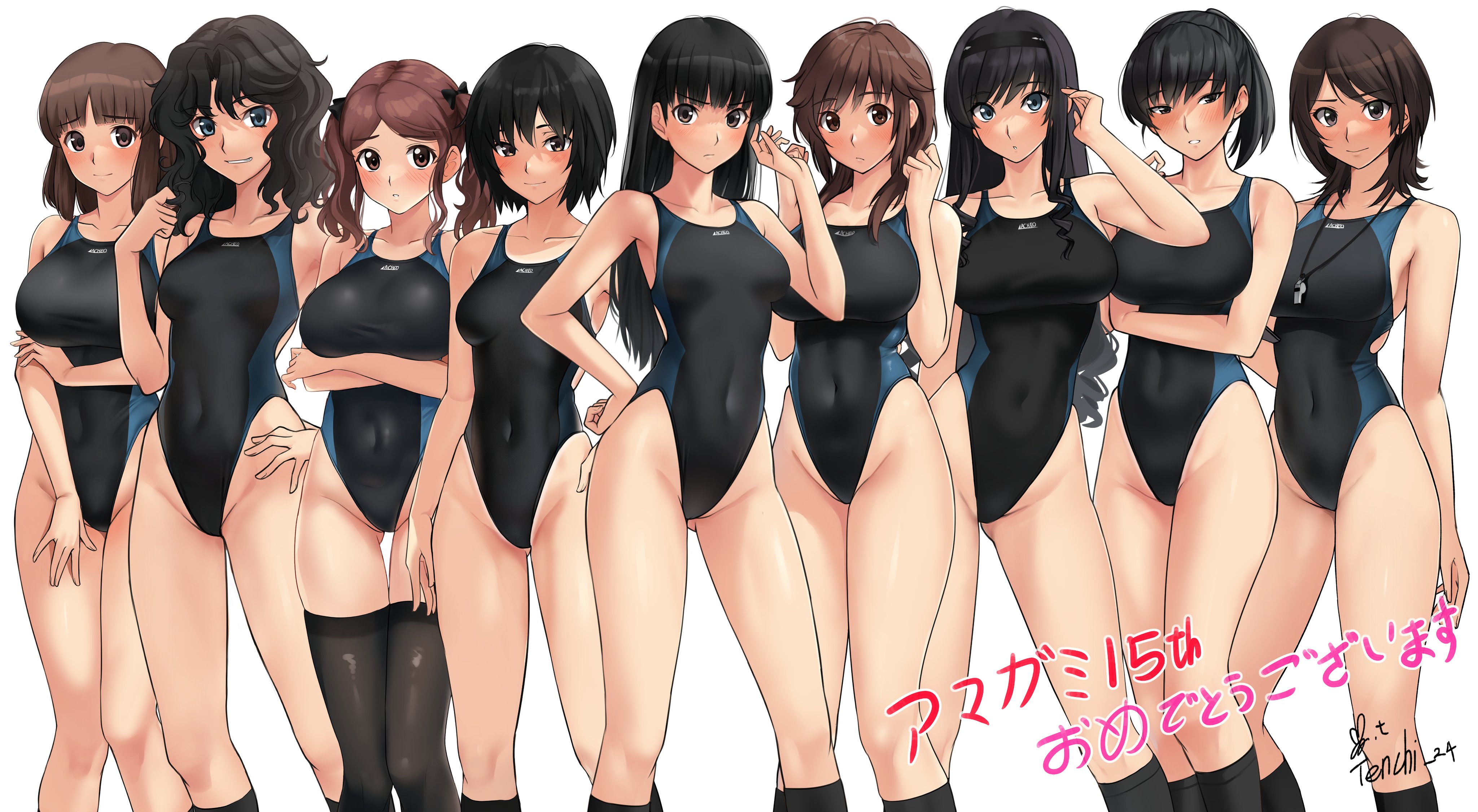 6+girls absurdres adjusting_hair amagami anniversary arm_at_side arm_under_breasts artist_name ayatsuji_tsukasa black_hair black_hairband black_one-piece_swimsuit black_ribbon black_socks black_thighhighs blue_one-piece_swimsuit blush bob_cut breasts brown_hair collarbone commentary competition_school_swimsuit competition_swimsuit copyright_name covered_navel groin hair_over_shoulder hair_ribbon hairband hand_on_own_hip hands_up highleg highleg_one-piece_swimsuit highres kneehighs large_breasts long_hair medium_breasts medium_hair messy_hair morishima_haruka multiple_girls nakata_sae nanasaki_ai one-piece_swimsuit parted_bangs ponytail ribbon sakurai_rihoko school_swimsuit short_hair signature skindentation socks standing swimsuit takahashi_maya tanaka_keiko_(amagami) tanamachi_kaoru thighhighs translated tsukahara_hibiki twintails two-tone_swimsuit wavy_hair whistle whistle_around_neck yoo_tenchi