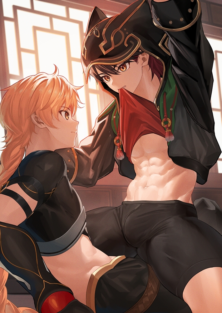2boys aether_(genshin_impact) ahoge black_hood black_jacket black_pants black_shirt black_shorts black_sleeves blonde_hair braid brown_eyes brown_hair closed_mouth clothes_lift crop_top gaming_(genshin_impact) genshin_impact hair_between_eyes hood hood_up jacket long_hair long_sleeves male_focus midriff mouth_hold multicolored_hair multiple_boys muscular muscular_male navel nayoshi_(r-744) pants red_hair red_shirt shirt shirt_lift shorts stomach tassel yaoi yellow_eyes