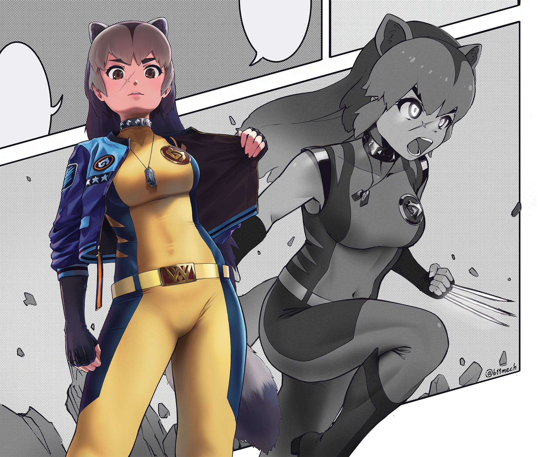 1girl animal_ears arm_at_side badger_ears badger_tail beleven belt bodysuit boots brown_hair claw_(weapon) collar cosplay covered_navel dog_tags extra_ears fingerless_gloves gloves glowing glowing_eyes hand_up highres jacket japari_symbol kemono_friends long_hair marvel multicolored_hair multiple_views name_connection open_clothes open_jacket paid_reward_available parody scar scar_on_face sidelocks sleeveless sleeveless_bodysuit spiked_collar spikes tail tan taut_bodysuit taut_clothes weapon wolverine_(kemono_friends) wolverine_(x-men) wolverine_(x-men)_(cosplay) x-men