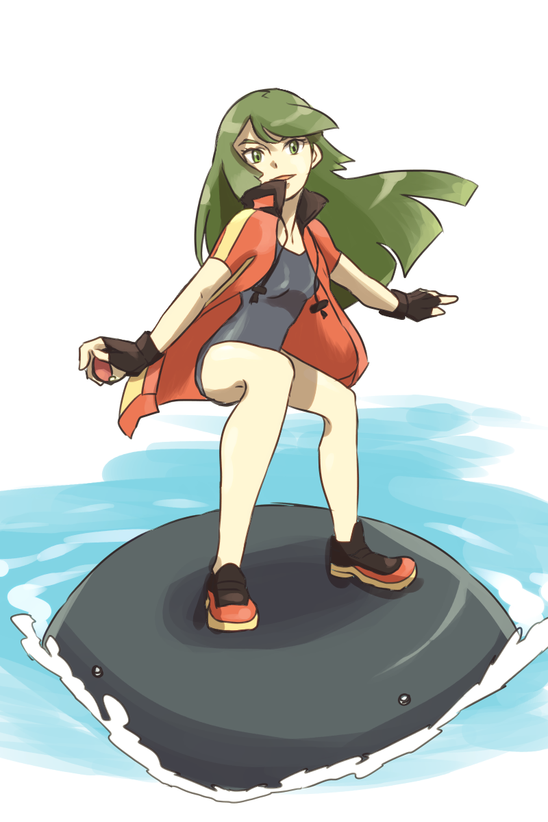 1girl ace_trainer_(female)_(pokemon_oras) ace_trainer_(pokemon) black_gloves breasts creature full_body gloves green_hair highres holding holding_poke_ball legs_apart long_hair looking_at_viewer mizuto_(o96ap) nintendo ocean one-piece_swimsuit poke_ball poke_ball_(basic) pokemon pokemon_(creature) pokemon_oras small_breasts standing surf_sprite_(pokemon) swimsuit water