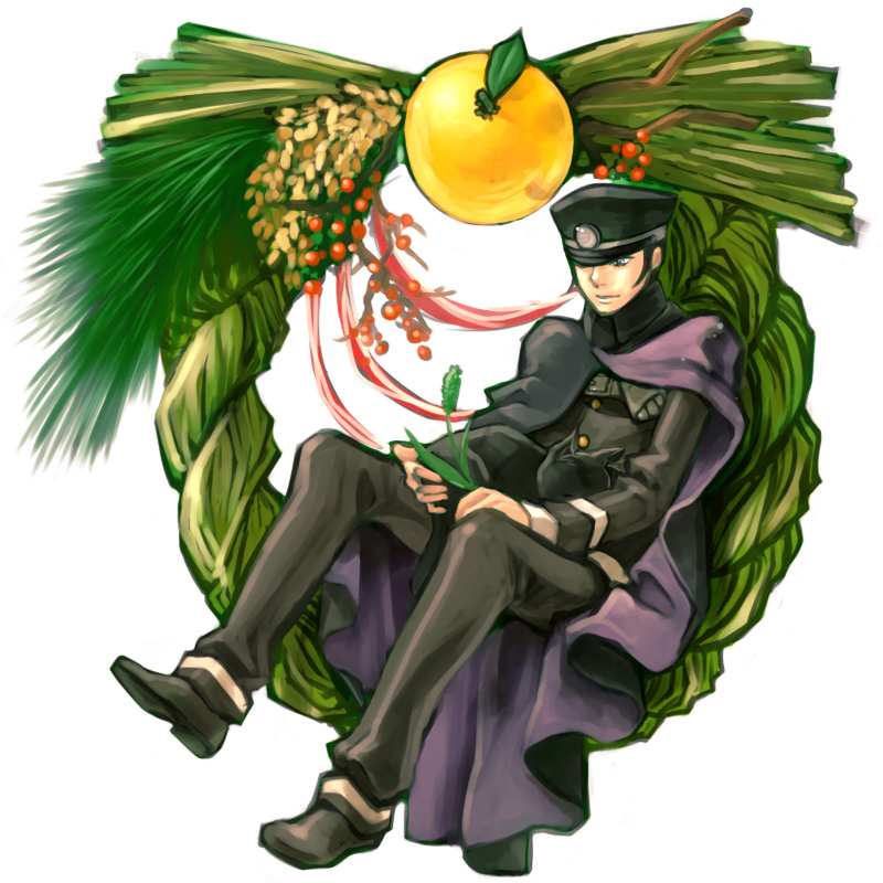 animal animal_ears black_cat black_hat cat devil_summoner_(series) food fruit gouto hat holding holding_animal holding_cat holding_plant holster kuzunoha_raidou looking_at_object new_year orange_(fruit) peaked_cap plant raizou shako_cap shin_megami_tensei short_hair sideburns sitting two-tone_cape