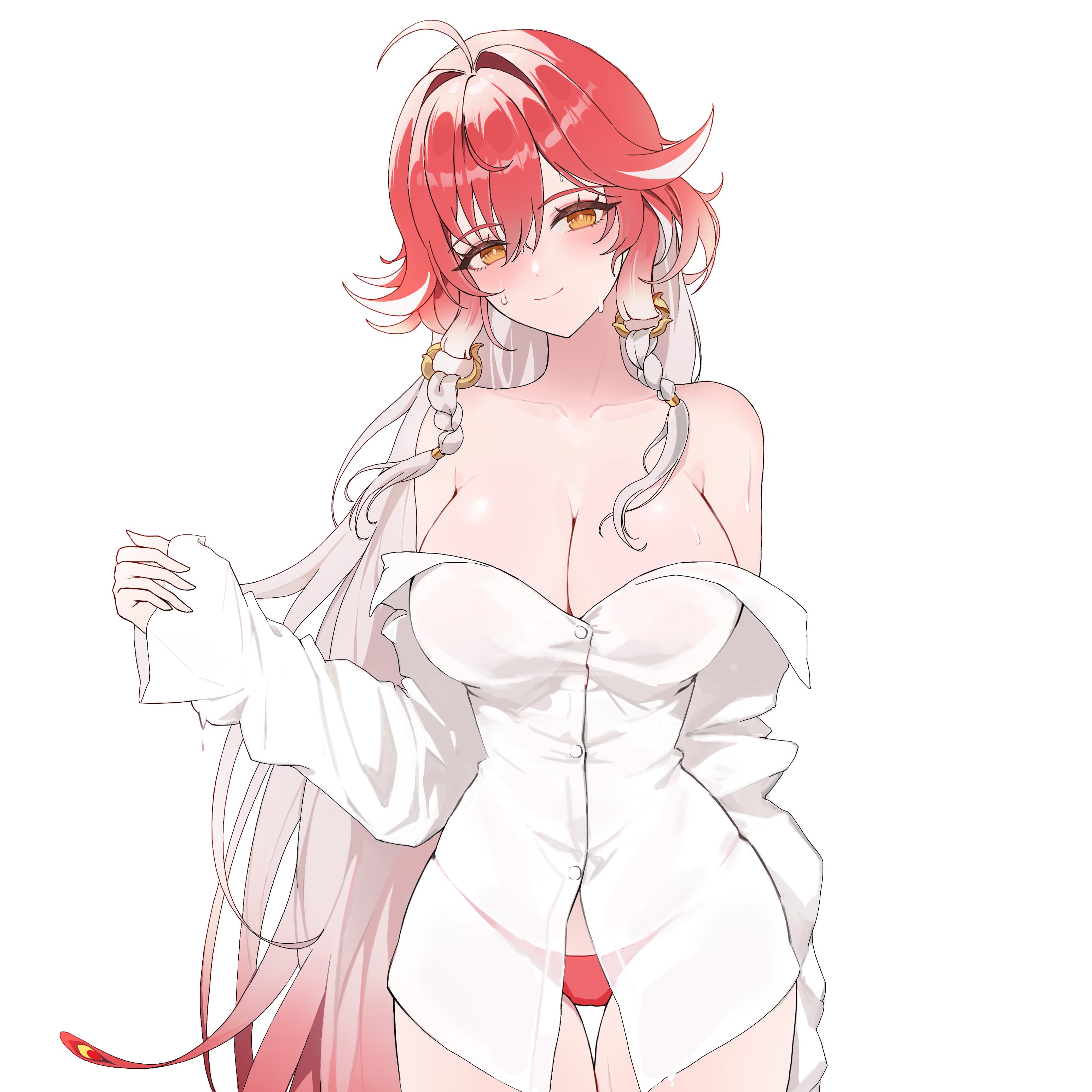 1girl absurdres ahoge alternate_costume bare_shoulders braid breasts bright_pupils changli_(wuthering_waves) cleavage closed_mouth clothes_down collarbone commentary cowboy_shot cropped feather_hair gozero gradient_hair hair_down hair_extensions highres large_breasts long_hair long_sleeves looking_at_viewer multicolored_hair orange_eyes panties pink_hair red_panties ring_hair_extensions shirt simple_background sleeves_past_wrists smile solo sweat thigh_gap twin_braids underwear very_long_hair white_background white_hair white_pupils white_shirt wuthering_waves
