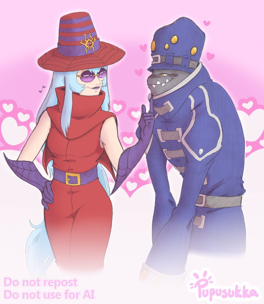 archnemon belt blue_hair digimon digimon_(creature) digimon_adventure_02 glasses hat lipstick long_hair makeup mummymon yellow_eyes