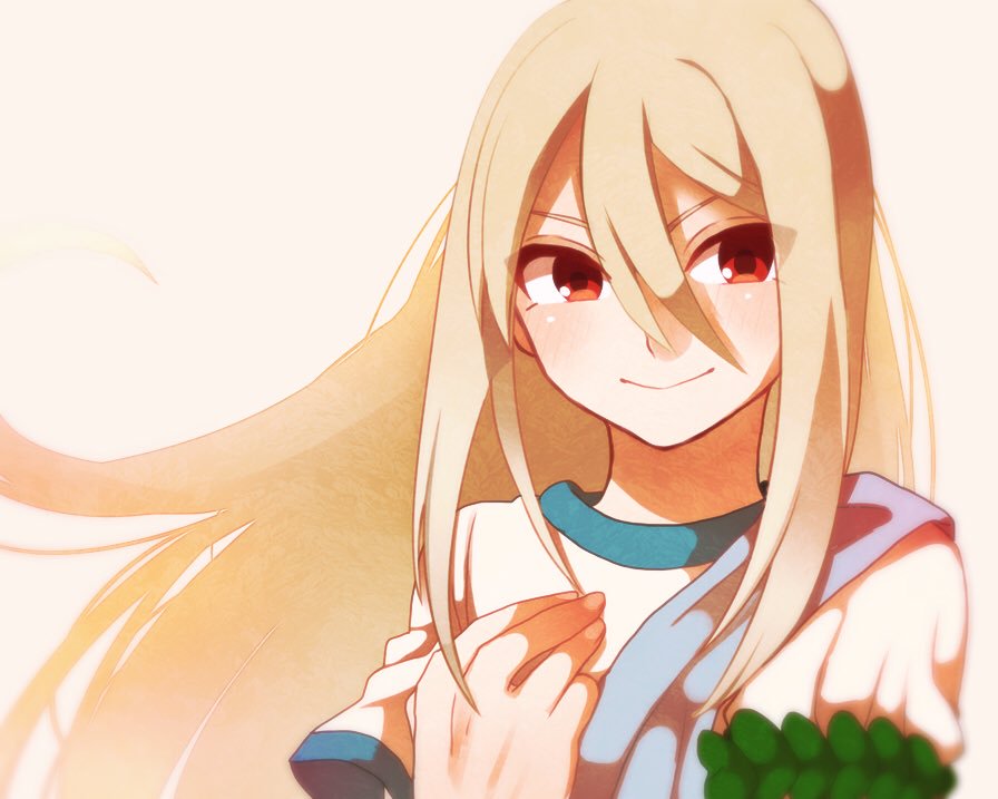 1boy afuro_terumi blonde_hair blush hykchiba inazuma_eleven inazuma_eleven_(series) long_hair looking_at_viewer male_focus simple_background smile soccer_uniform solo sportswear trap tunic white_background zeus_(inazuma_eleven)