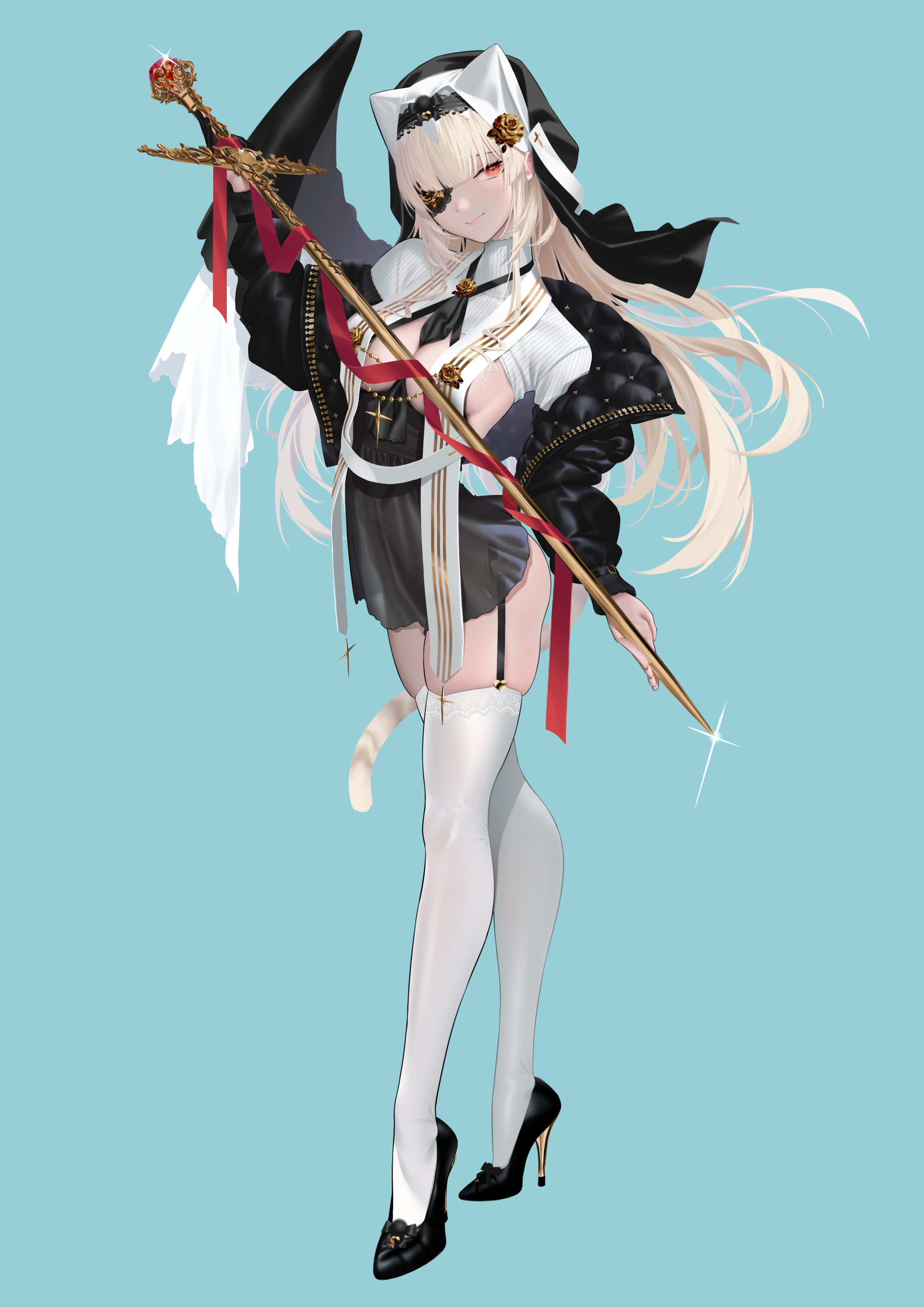 1girl absurdres animal_ears between_breasts black_dress black_footwear black_jacket black_veil blonde_hair blunt_bangs breast_curtains breasts cat_ears cat_fantasy cat_girl cat_tail closed_mouth dress ears_under_headwear eyepatch full_body garter_straps high_heels highres holding holding_scepter jacket long_hair long_sleeves looking_at_viewer necktie necktie_between_breasts nun one_eye_covered open_clothes open_jacket red_eyes scepter short_dress smile solo standing sylviette_(cat_fantasy) tail thighhighs veil white_thighhighs xxzero