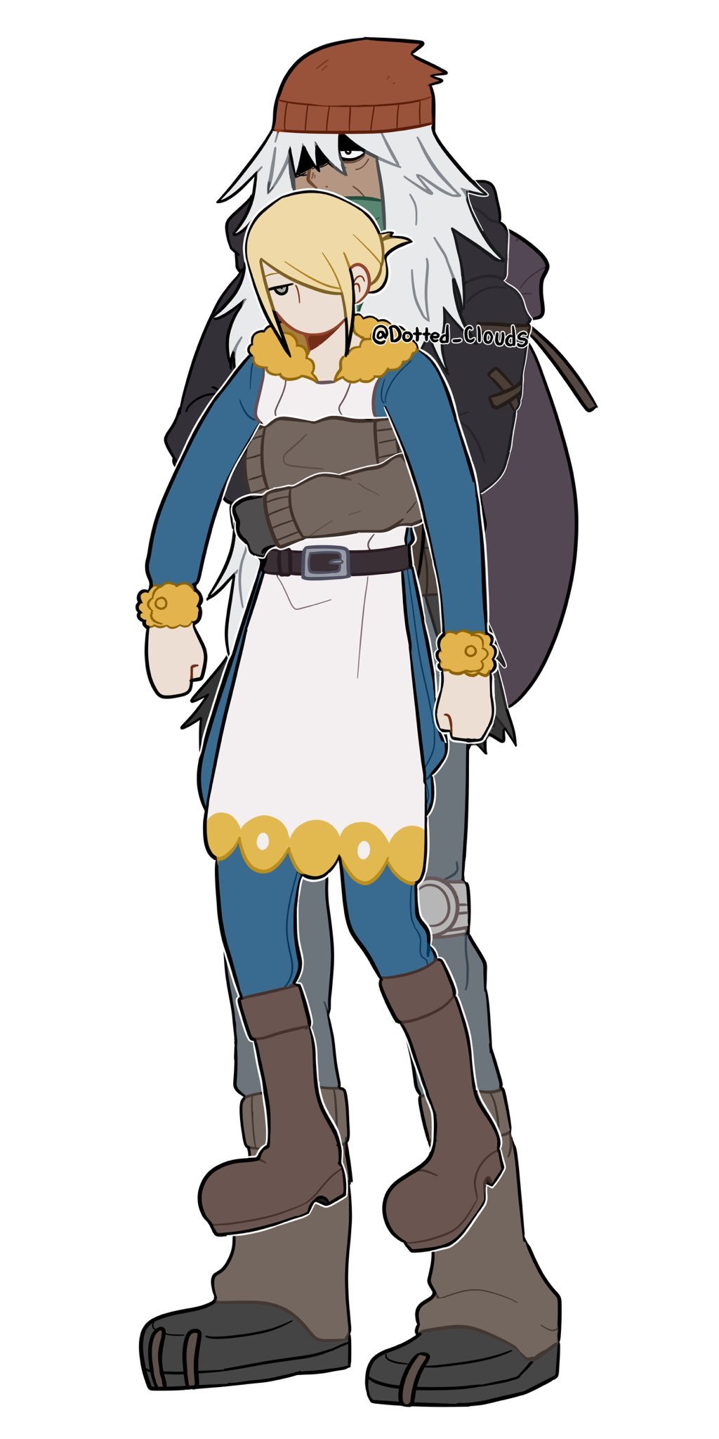 2boys az_(pokemon) blonde_hair boots brown_shoes dotted_clouds full_body ginkgo_guild_uniform grey_hair hair_over_one_eye height_difference highres hug hug_from_behind male_focus multiple_boys nintendo pokemon pokemon_legends:_arceus pokemon_xy shaded_face shoes simple_background standing volo_(pokemon) white_background