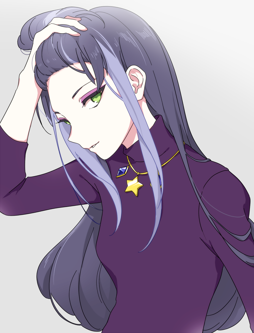 1girl adjusting_hair aikatsu!_(series) aikatsu_stars! arm_up bad_id bad_twitter_id black_hair breasts colored_eyelashes green_eyes grey_background hand_on_own_head highres jewelry long_hair long_sleeves looking_at_viewer necklace parted_lips purple_hair purple_sweater shiontaso sidelocks simple_background small_breasts smile solo star_(symbol) star_necklace sweater upper_body yachigusa_momoko