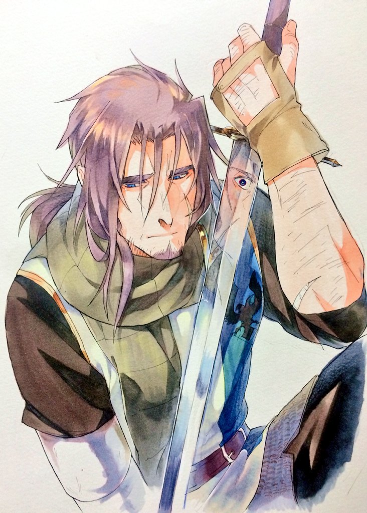 1boy black_pants black_shirt blue_eyes brown_gloves elbow_gloves facial_hair facing_to_the_side gloves goatee green_scarf gurast holding holding_sword holding_weapon looking_down looking_to_the_side male_focus mature_male on_ground original pants partially_fingerless_gloves ponytail purple_hair scar scar_on_face scarf shirt sideburns sword traditional_media tunic weapon white_background white_gloves white_tunic yellow_trim