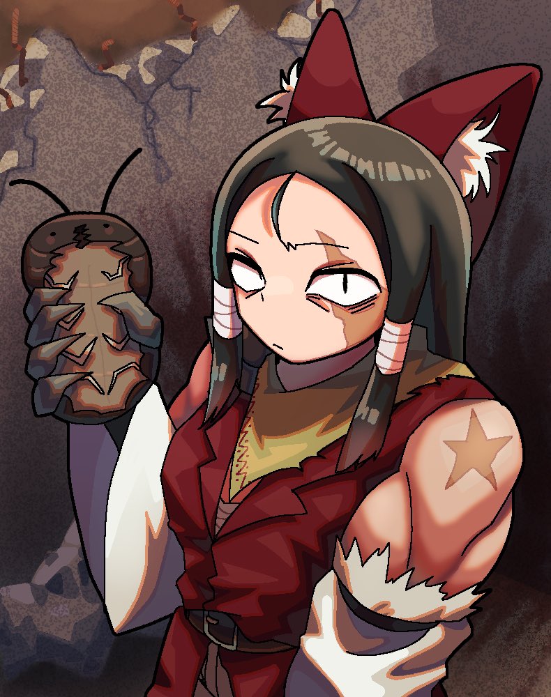 1girl bandana belt big_roach_(cookie) black_hair bow brown_belt bug closed_mouth coat cockroach commentary_request cookie_(touhou) detached_sleeves expressionless hair_bow hakurei_reimu insect long_hair looking_at_viewer qrteg87yhl16571 red_bow red_coat scar scar_across_eye scar_on_face sidelocks sleeveless sleeveless_coat solo touhou upper_body white_sleeves yellow_bandana yuki_haruka