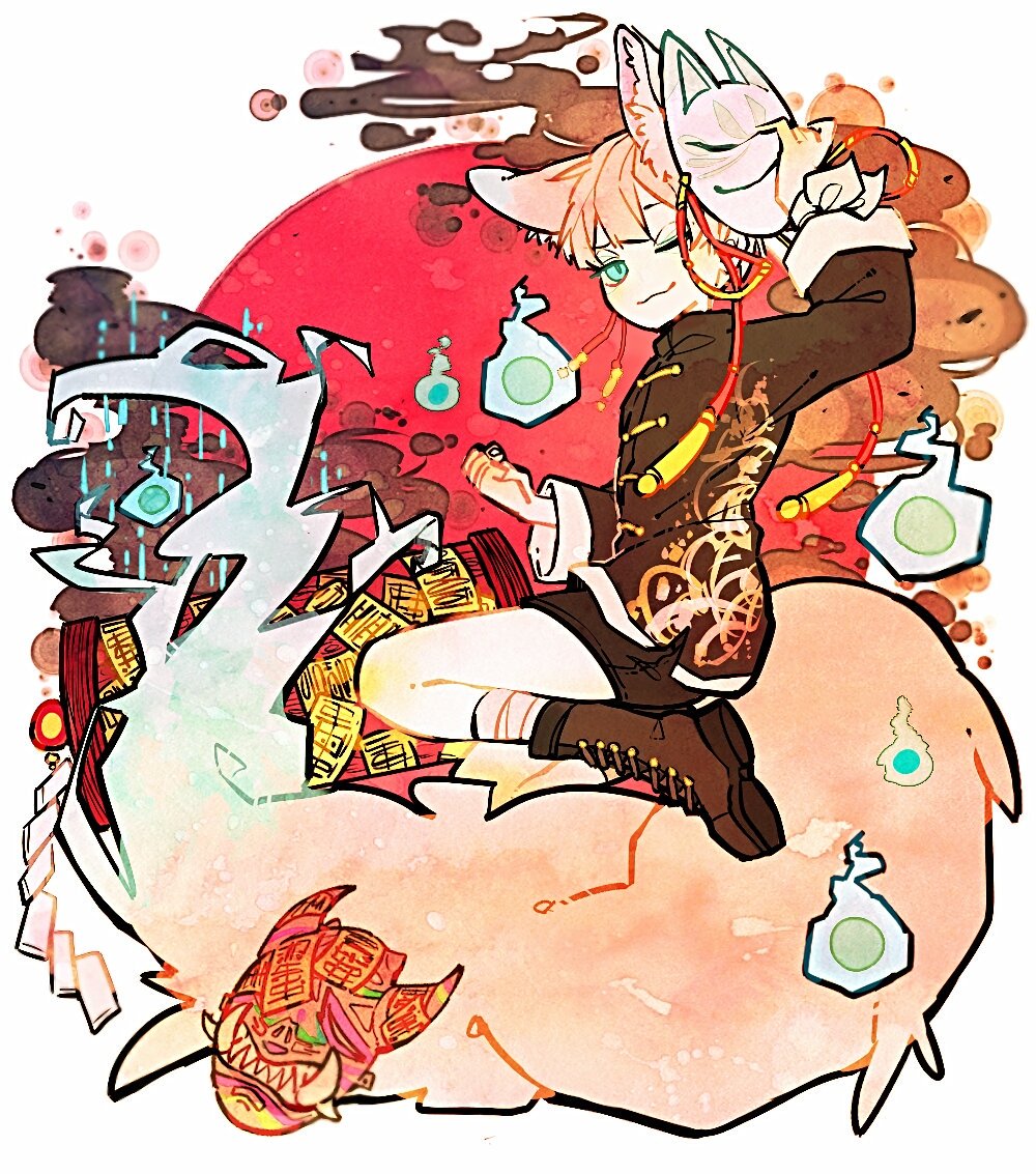 1girl ;3 animal_ear_fluff animal_ears aqua_eyes bandaged_leg bandages black_boots black_shirt black_skirt boots changpao chinese_clothes circlet clenched_hand closed_mouth collared_shirt commentary_request eyelashes floral_print fox_ears fox_girl fox_mask fox_tail full_body high_collar hitodama holding holding_mask korean_commentary lace-up_boots large_tail leg_up long_sleeves looking_at_viewer mask miniskirt ofuda one_eye_closed oni_mask orange_hair original pink_mask shirt short_hair skirt smile smoke solo tail unworn_mask whawha0803 white_background