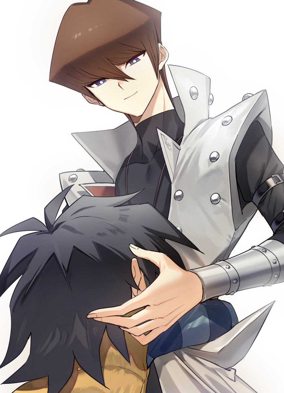 2boys black_hair black_shirt blue_eyes blue_shirt brothers brown_hair coat highres hug kaiba_mokuba kaiba_seto male_focus medium_hair moemoenomori multiple_boys shirt siblings simple_background smile solo_focus spiked_hair striped_clothes striped_shirt vest white_background white_coat yellow_vest yu-gi-oh! yu-gi-oh!_duel_monsters