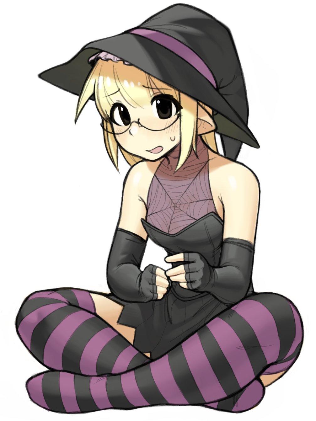 1girl bare_shoulders black-framed_eyewear black_eyes black_gloves black_leotard black_thighhighs blonde_hair breasts elbow_gloves fingerless_gloves full_body glasses gloves grey_background hat highres hira_(yirtios) hunched_over indian_style leotard looking_at_viewer multicolored_thighhighs open_mouth original pointy_ears purple_thighhighs school_uniform semi-rimless_eyewear simple_background sitting small_breasts solo striped_clothes striped_thighhighs sweat sweatdrop tareme thighhighs under-rim_eyewear white_background witch_hat yirtios